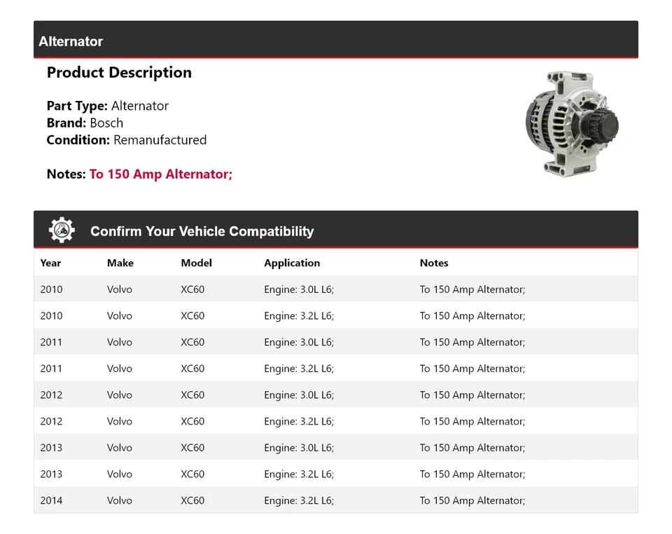 Alternador Bosch para Volvo XC60 2010-2014 (Remanufacturado) 2011 2012 2013 Foto 2 de 4