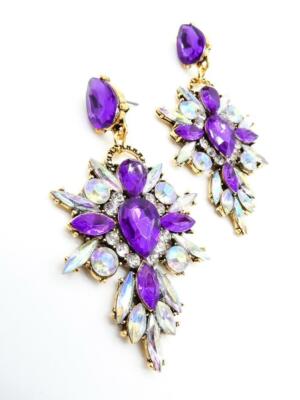 Royal Purple Iridescent Fire Lucite Crystals Chandelier Earrings PROM  PAGEANT