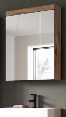 Spiegelschrank Bad 60 cm Eiche Badmöbel Spiegel 3-türig 3D 9 Fächer Willow