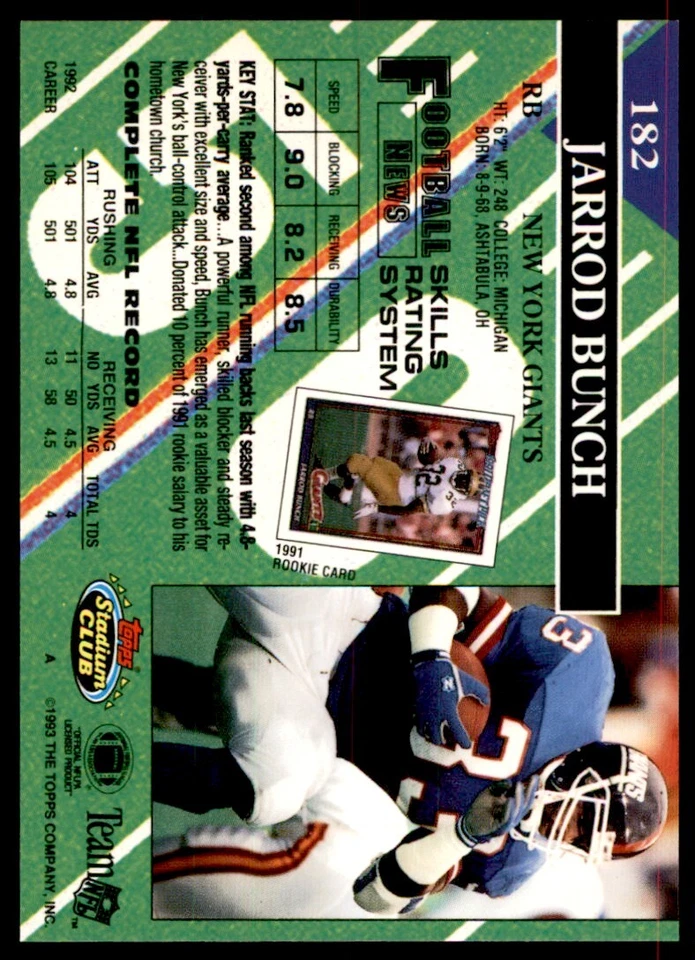 1993 STADIUM CLUB. JARROD BUNCH NEW YORK GIANTS #182 - Image 2 of 2