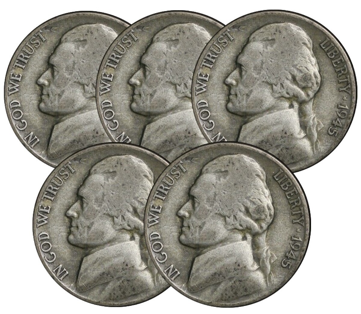 LOT OF 5) 1942-1945 Wartime 35% WWII Jefferson War Silver Nickel