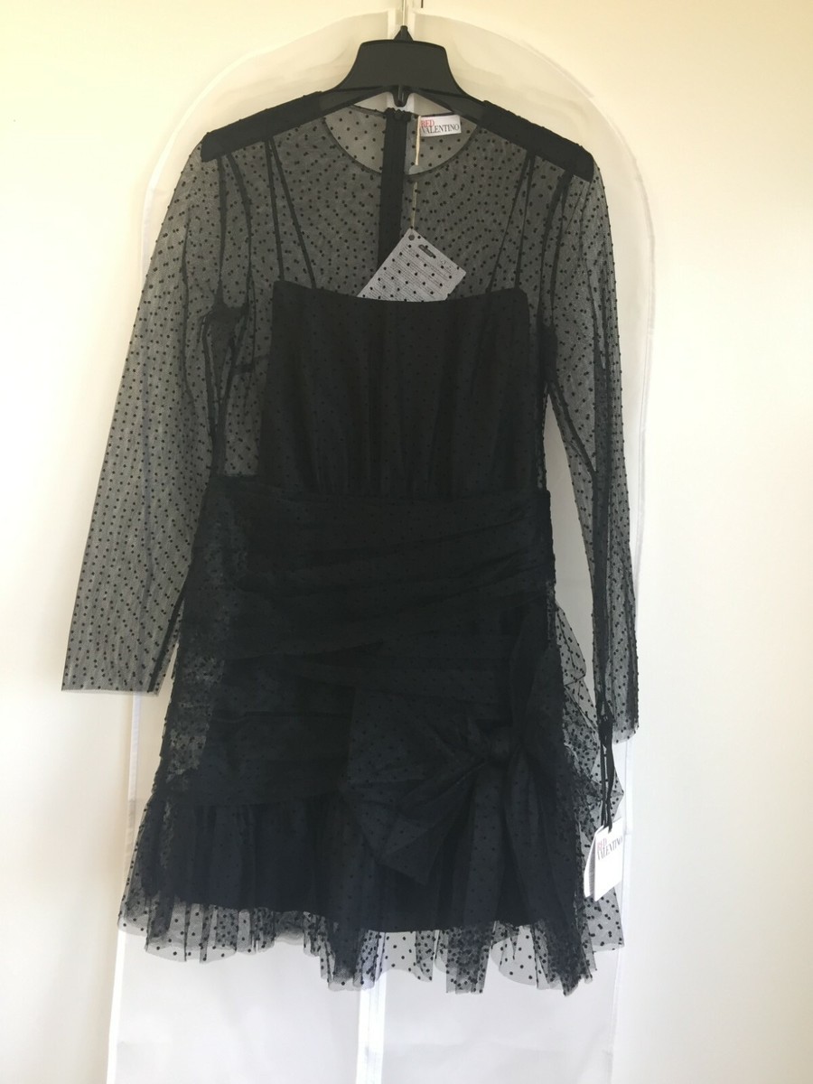 NWT Red Valentino Lace Tulle Sheer Dot Bow Dress Black-w/Slip 6U.S