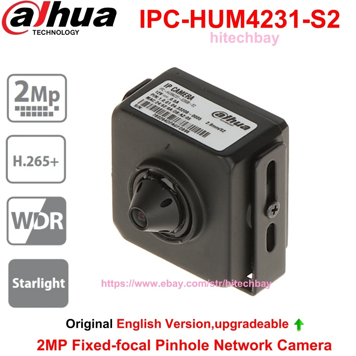 Dahua IPC HUM4231 S2 2MP Pinhole Covert Starlight Network Camera H.265 Audio IO