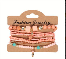 8pcs Bohemian Style Beaded Bracelet Set, Mixed Pink and Silver Beads