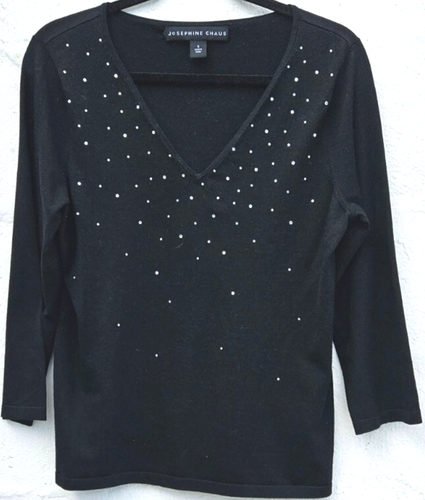 Josephine Chaus Womens Knit Top Small Black Silk Blend Rhinestone Embellished