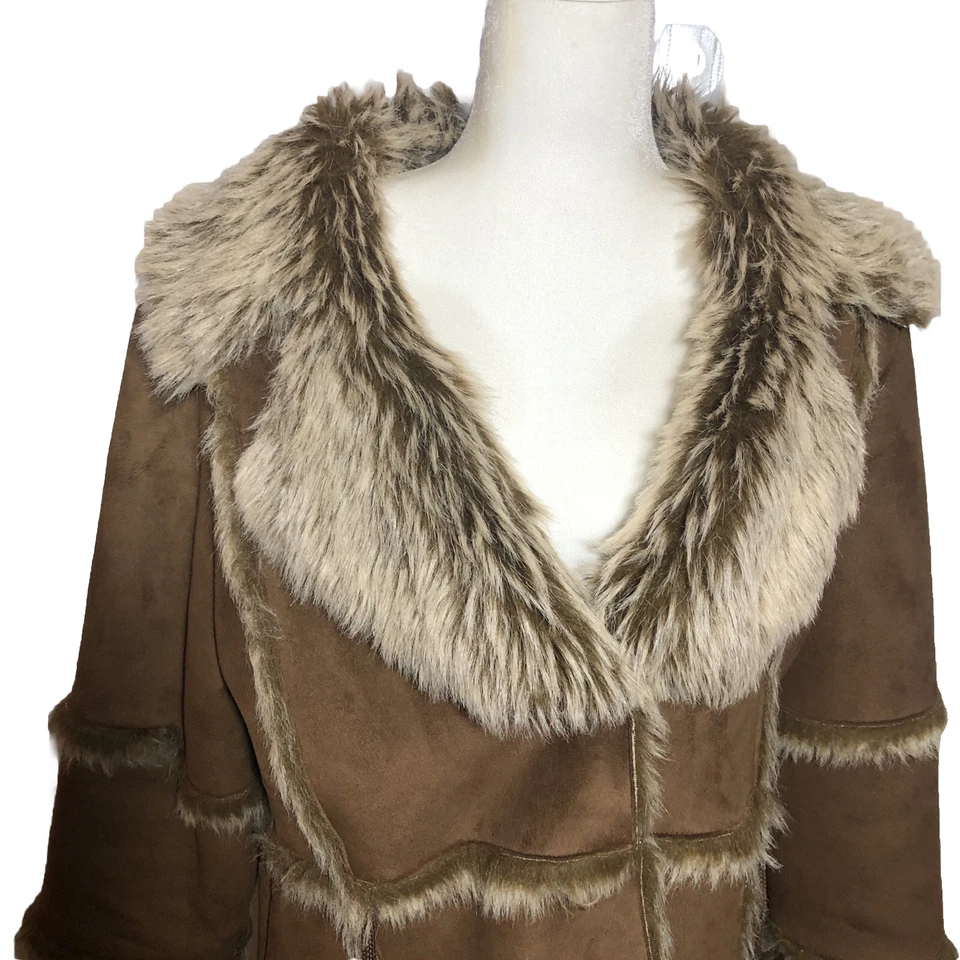 Abrigo marrón con cuello chal forrado de gamuza sintética ~ para mujer talla XL, vintage Foto 4 de 4