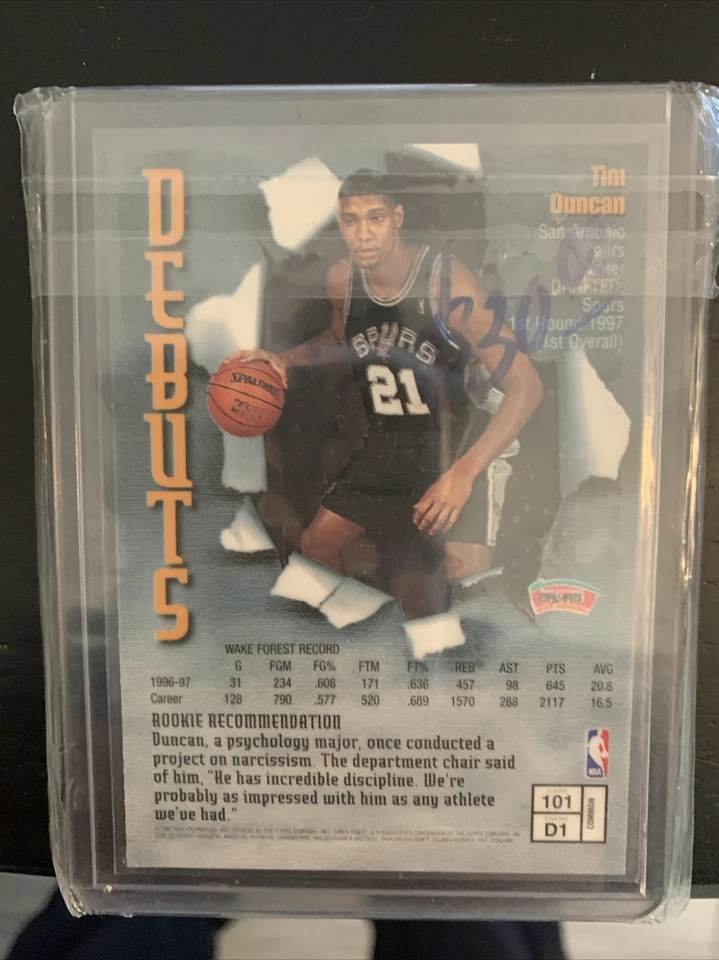 TIM DUNCAN 1997 Topps Finest #101 SP Rookie San Antonio Spurs (HOF) - Image 2 of 2