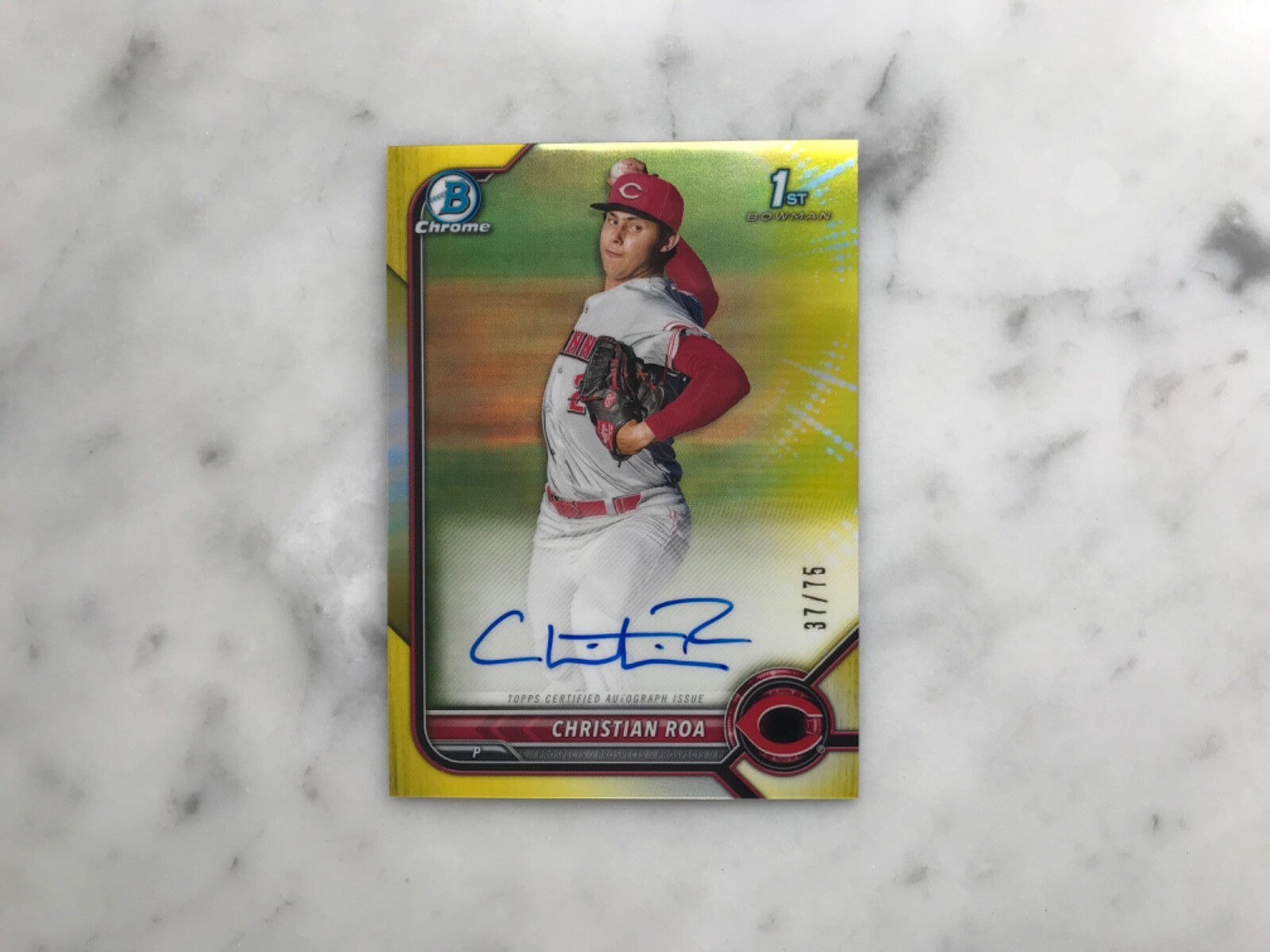 2022 Bowman Chrome Yellow Refractor CHRISTIAN ROA Auto 1st Bowman RC #/75