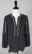 Loft Navy Blue White Elastic Wrist V-Neck Tunic Blouse Top Shirt Size XS