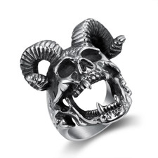 Stainless Steel Skull With Goat Horns Ring Size 7-13 Men Fashion Jewelry