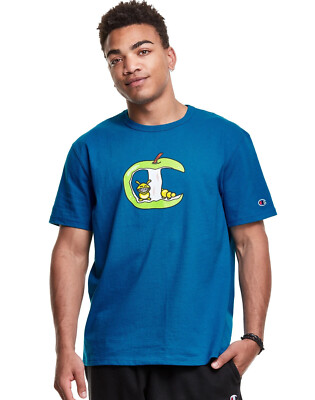 Champion Heritage Apple Core Logo C & Cartoon Worm Men's Tee T-Shirt Blue NEW S