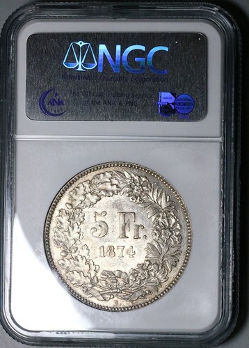 Moneda de plata 1874-B NGC AU 58 Suiza 5 francos Berna Mint (25051102C) - Imagen 6 de 6