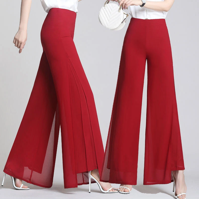 Women Chiffon Wide Leg Pants High Waist Loose Trousers Double Layer Culottes