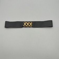 Vtg Gray Leather Belt Gold Sculptural Buckle Wide Waist Cinch Statement 80s