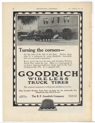 1914 BF Goodrich Tire Ad: American LaFrance Fire Truck - Jacksonville Fire Dept.