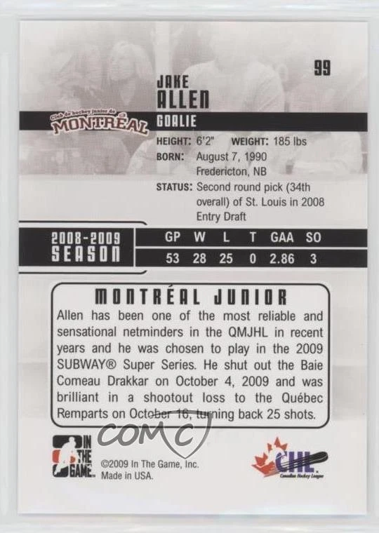 2009-10 ITG Heroes and Prospects Jake Allen #99 - Image 2 of 2