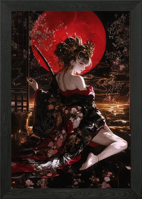 Geisha mit rotem Mond Digital Art Gerahmtes Wandbild Poster Leinwanddruck Bild
