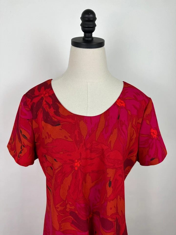 Vestido Floral Vintage Años 90 14/Grande Rojo Brillante Estampado Floral En Capas Corte Sesgado Foto 2 de 4