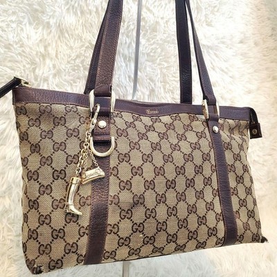 GUCCI Shoulder bag GG canvas leather Beige Brown Authentic From Japan