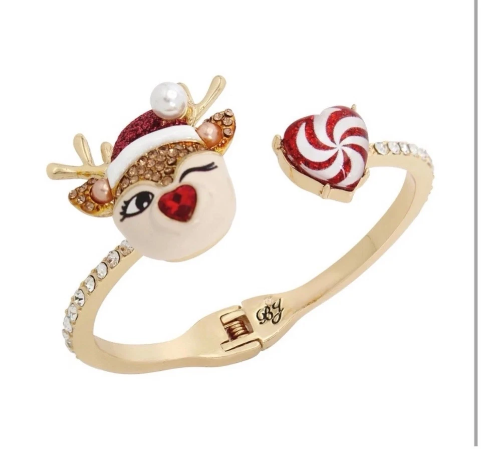 NUEVO Pulsera Bisagra de Cristal Pavé Guiño Corazón Navidad Reno Betsey Johnson Foto 2 de 2