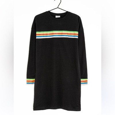 Noisy May Black Long Sleeve Tunic Dress Rainbow Stripe Accents Casual Size M
