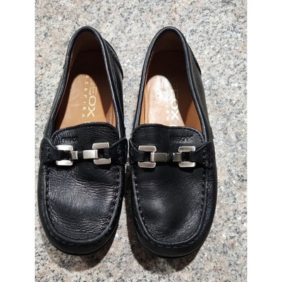 Geox Respira Black Leather Kids Loafers with Silver Buckle Size EU 28  US 10.5