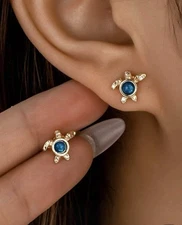 Turtle Earrings Blue Gold Sea Life Beach Vacation Jewelry Turtle Stud Earrings