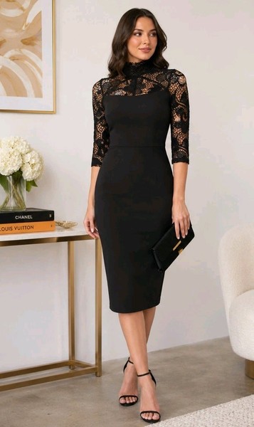 COOPER ST sz XS 8 Blk Lace Yoke Pencil Dress High Neck Cocktail Midi Bodycon #C7