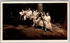 Vtg B&W Snapshot Large Group Of Friends Sitting Outdoors in Woods 1930s