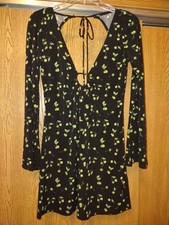 Urban Outfitters Black Halter Open Back Mini Dress Bell Sleeves Cherry Women M 