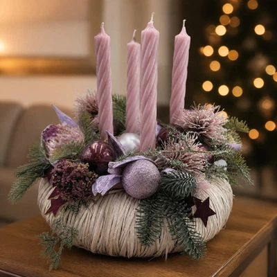 Adventskranz Protea Kugeln Sterne rosa bordeaux - Bild 1 von 4