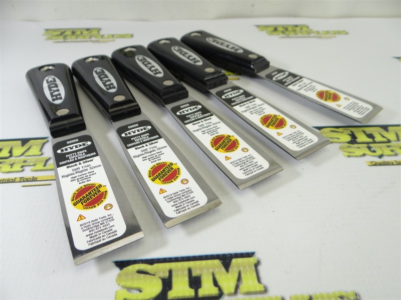 5 NEW HYDE BLACK & SILVER® STIFF 1-1/4" HIGH CARBON STEEL PUTTY KNIVES