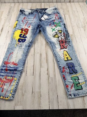 Rue 21 Premium Men's Jeans Graffiti Design Distressed Skinny Fit Sz 34x30 NWT