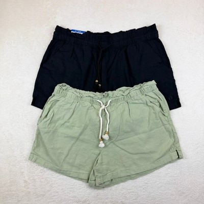 Hang Ten Women Linen Blend Paperbag Waist Shorts Set of 2 Black Green Large