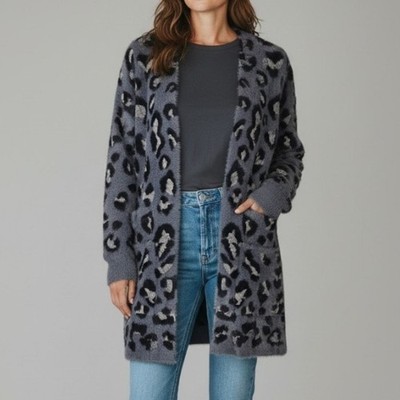 Evolution by Cyrus Grey Leopard Print Faux Fur Cardigan Women's Size S NWT
