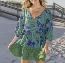 Natural Life Dara Tunic Dress Small Mini Tassels Boho Hippie Turquoise Green