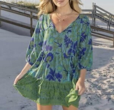 Natural Life Dara Tunic Dress Small Mini Tassels Boho Hippie Turquoise Green