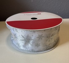 Wired Jumbo Ribbon 2 1/2 In x 80 ft, Silver  White Snowflakes Celebrate It New