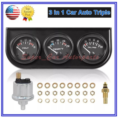 #ad 2quot; 52mm 3 in 1 Auto Car Triple Gauge Set Kit Water Temp Oil Pressure Volt Meter $19.89