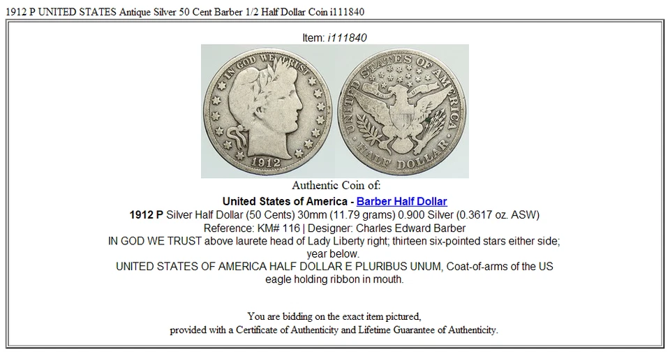 1912 P UNITED STATES Antique Silver 50 Cent Barber 1/2 Half Dollar Coin i111840 - Image 3 of 3