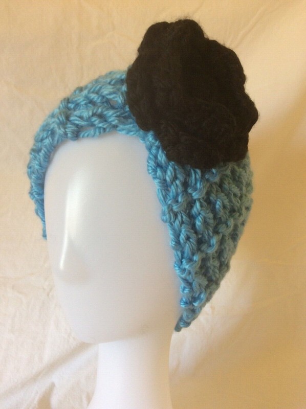 Ob.D. Handmade, Hand Knit Blue Snood/Cowl w/Black Crochet Flower