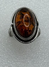 Vintage Sterling Silver Amber 19x11mm Oval Band Ring Size 7 Inch