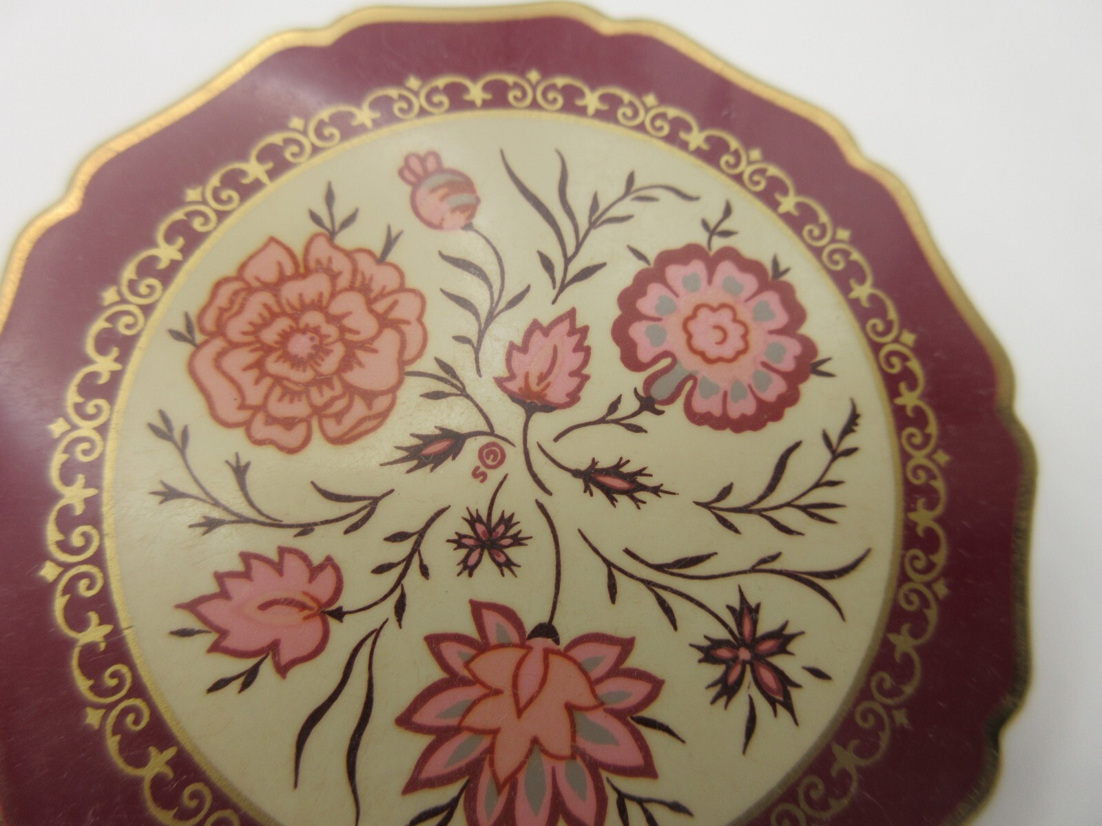 Vtg Stratton England Burgundy Floral Rose Powder Compact w/ Mirror Gold UK