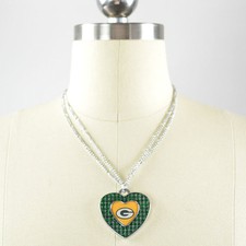 NWT Aminco NFL Green Bay Packers Glitter Stone Swirl Heart Necklace 2-IN-1 Chain
