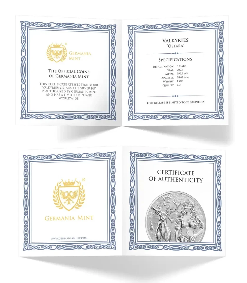 GERMANIA MINT 5 MARKS Valkyries OSTARA 2023 SILVER argento oncia 1 oz - Immagine 3 di 3