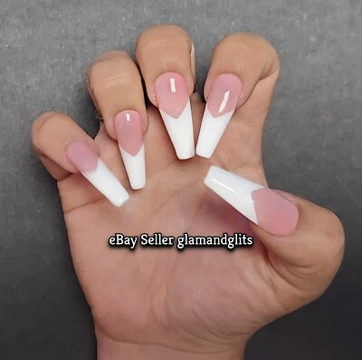 12x XL Coffin White French Tip Gel Painted Press on French Manicure False Nails