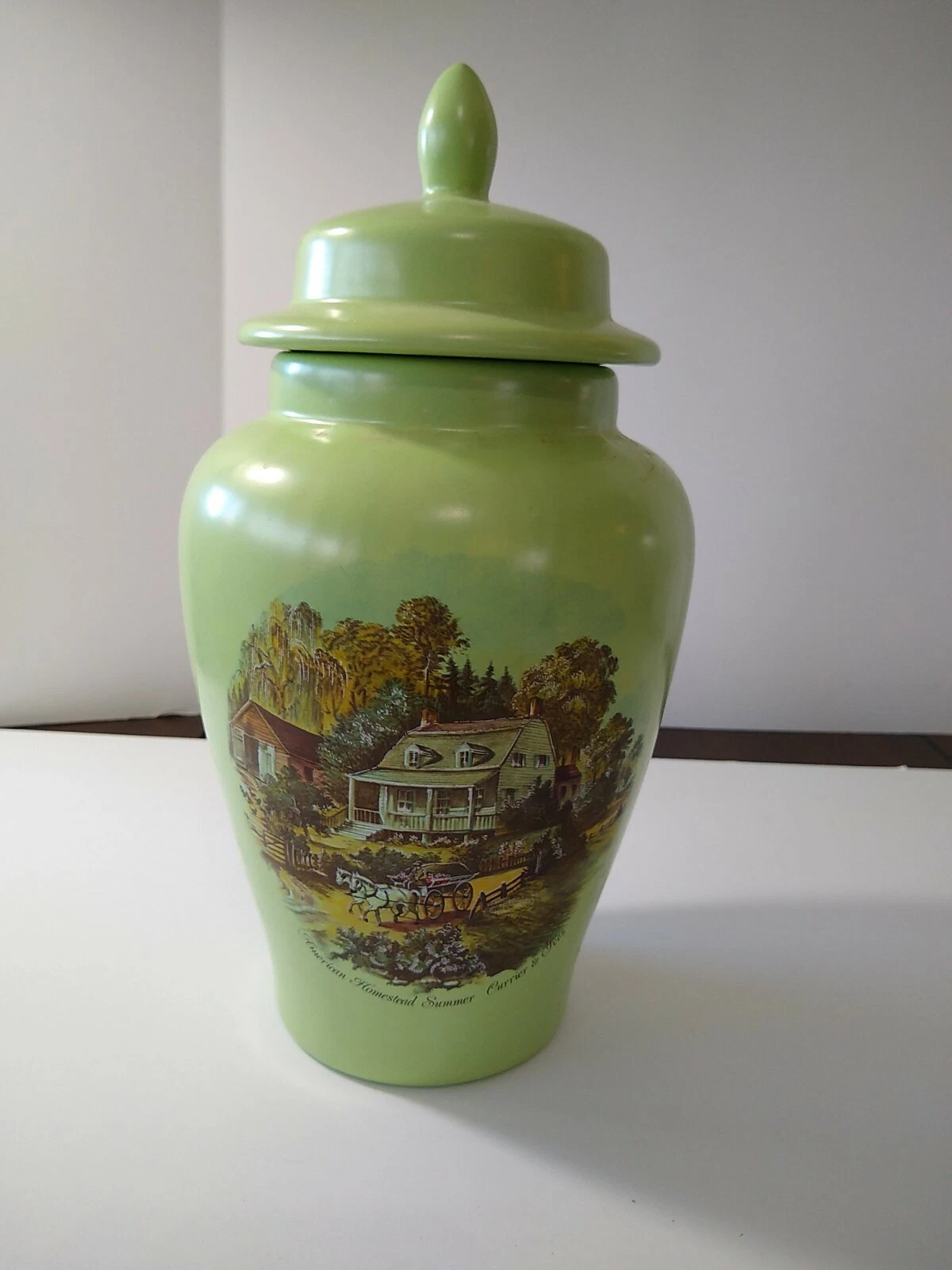Currier Ives Style Ceramic Homestead Summer 12" Ginger Jar Canister Signed