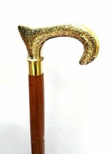 Brass Vintage Style Carving Designer Handle Walking Cane 3 Fold Wooden Stick