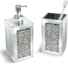 Bathroom Accessories Set, Square 2 Pack Silver Glass Soap Dispenser Toothbrush