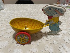VTG. J Chein Tin Easter Bunny Pull Cart Basket Toy White and Blue Bunny Read